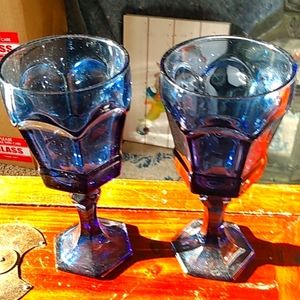 Vintage Set Of Purplish Cobalt Stemmed Goblets